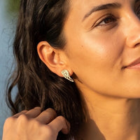 Thumbnail for The gold stud earrings worn, close-up | SKU: 42008-gold