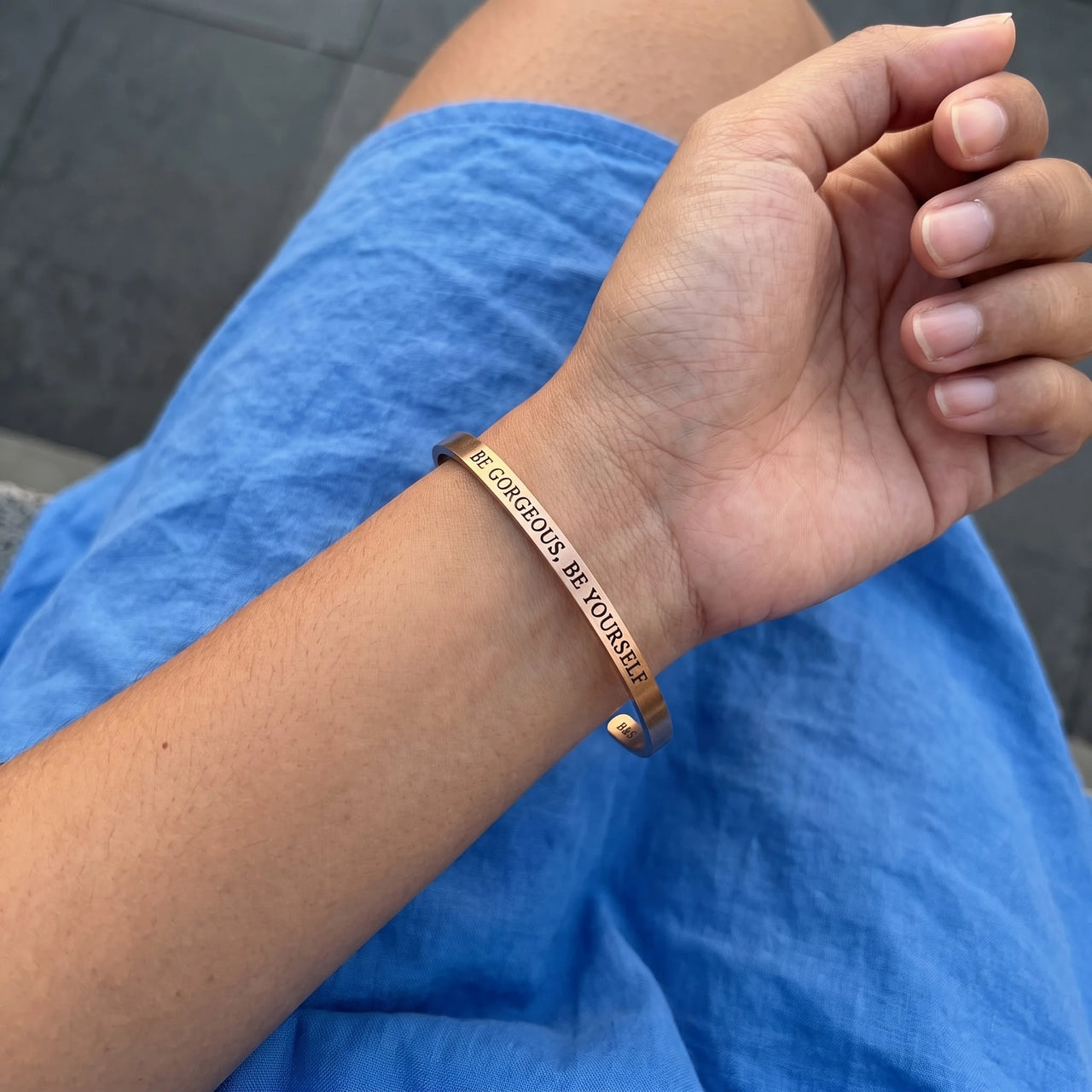 Be Gorgeous, Be Yourself bracelet in rose gold worn, showing its real size | SKU: bgby-rg