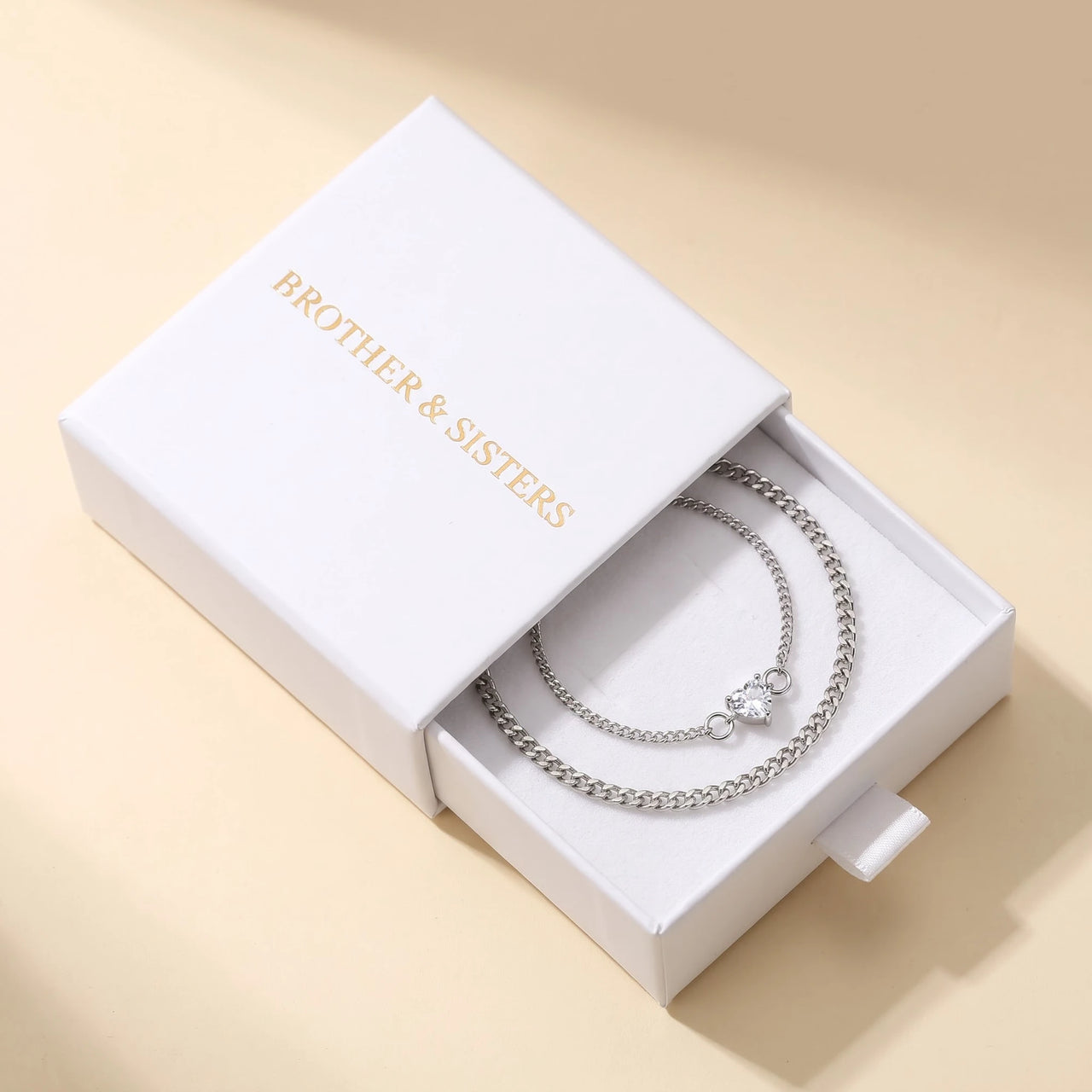 Heart Bond Matching Bracelet Set in Silver — in the Brother & Sisters slide-out gift box