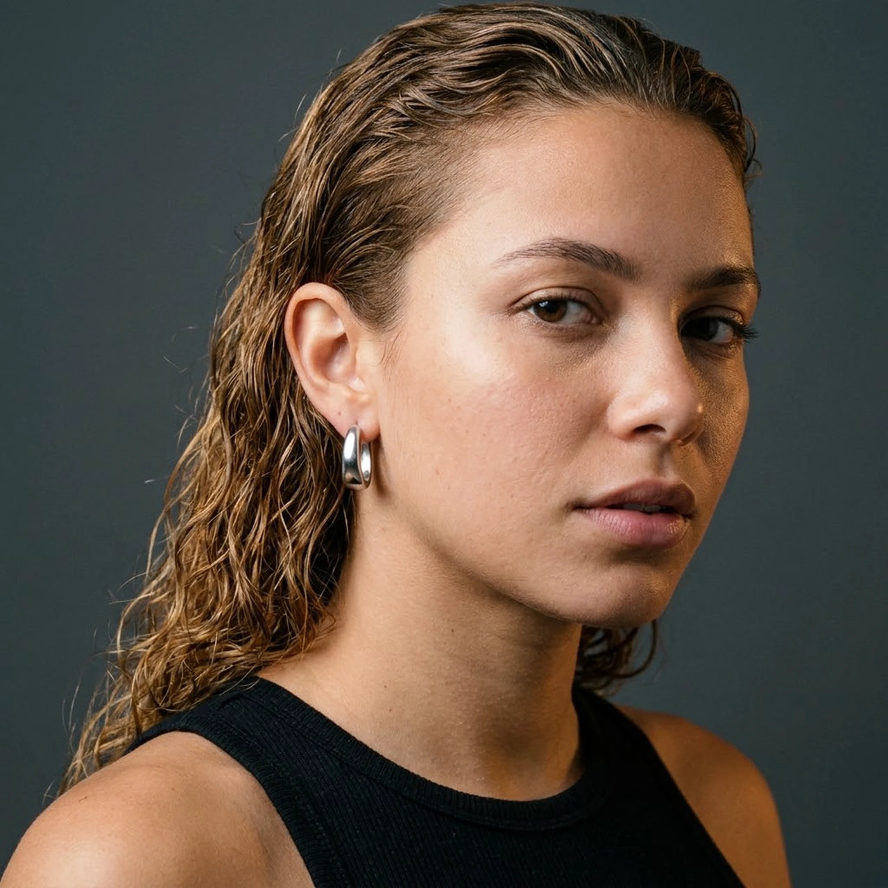 Chunky Dome Hoops in Silver, studio portrait | SKU: 41005-silver