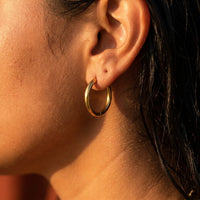 Thumbnail for Everyday Waterproof Hoops in Gold, close-up on the earlobe | SKU: 41001-gold