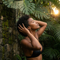Thumbnail for Everyday Waterproof Hoops in Gold, worn in a tropical outdoor shower | SKU: 41001-gold