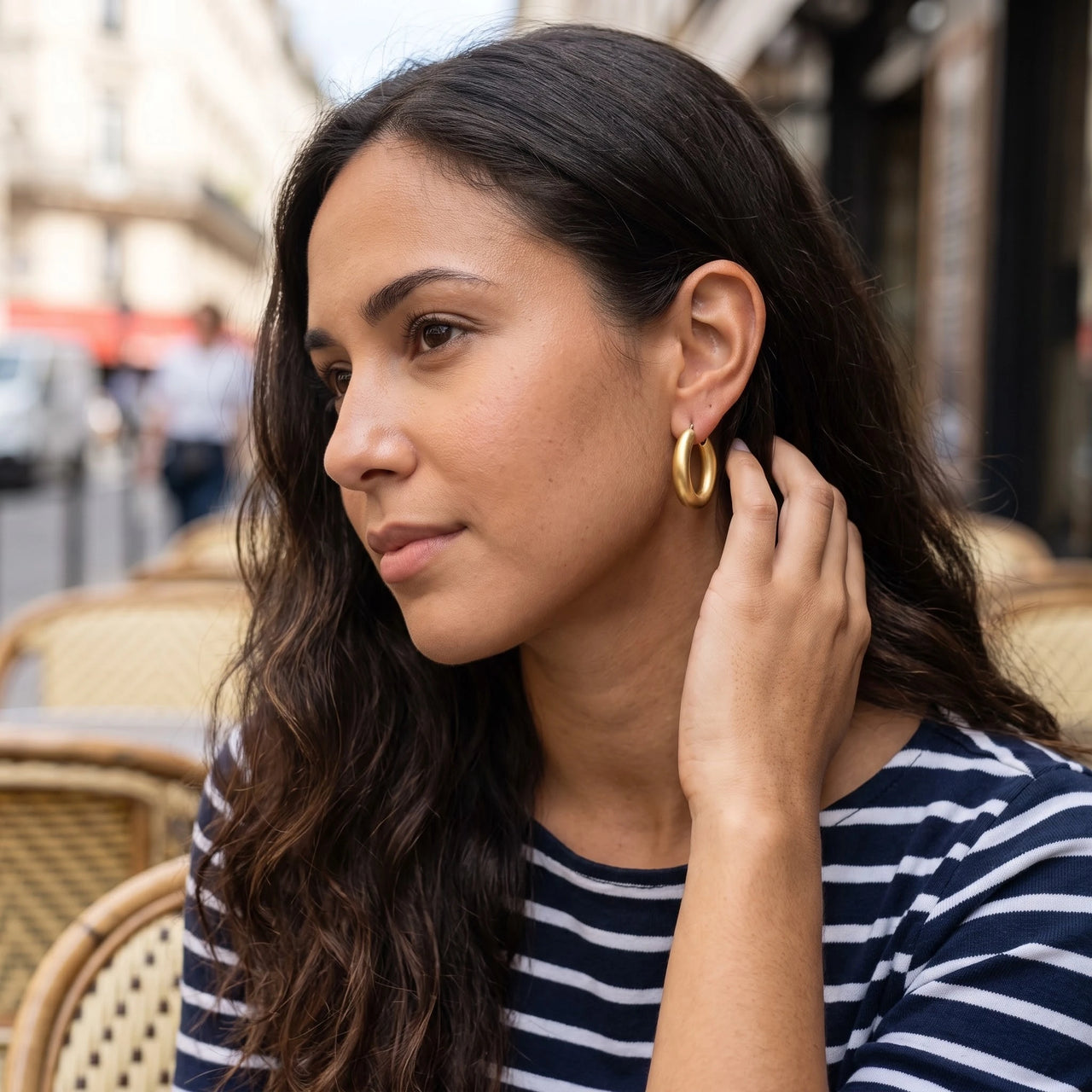 The Mates, gold earrings — worn gesture | SKU: lesmates
