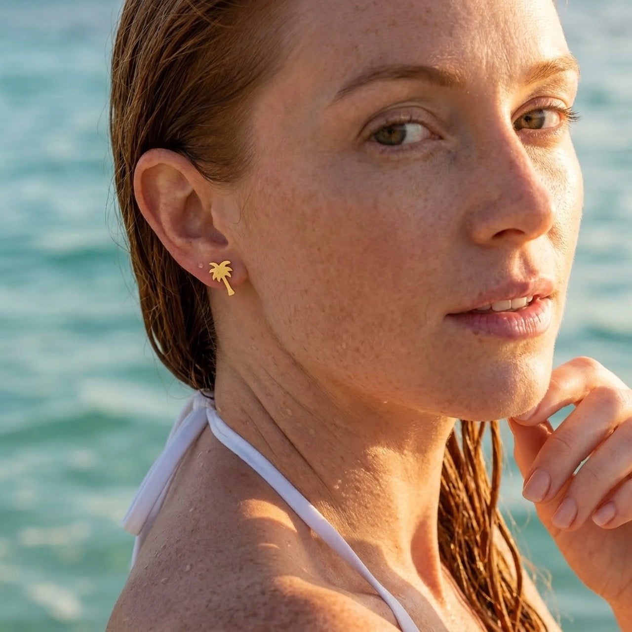 Palm tree earrings — worn in the water, waterproof, gold | SKU: 10287609-gold-color