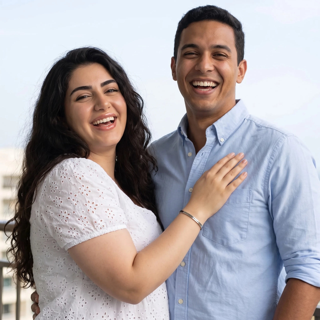 Couple moment, she wears the Love Yourself More And Better bracelet in silver | SKU: lymab-wg