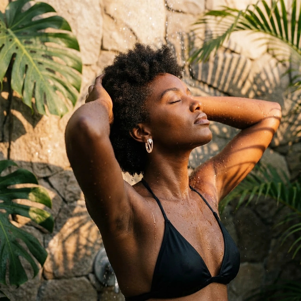 Pear Crystal Huggie Hoops in Gold, worn in a tropical outdoor shower | SKU: 41007-gold