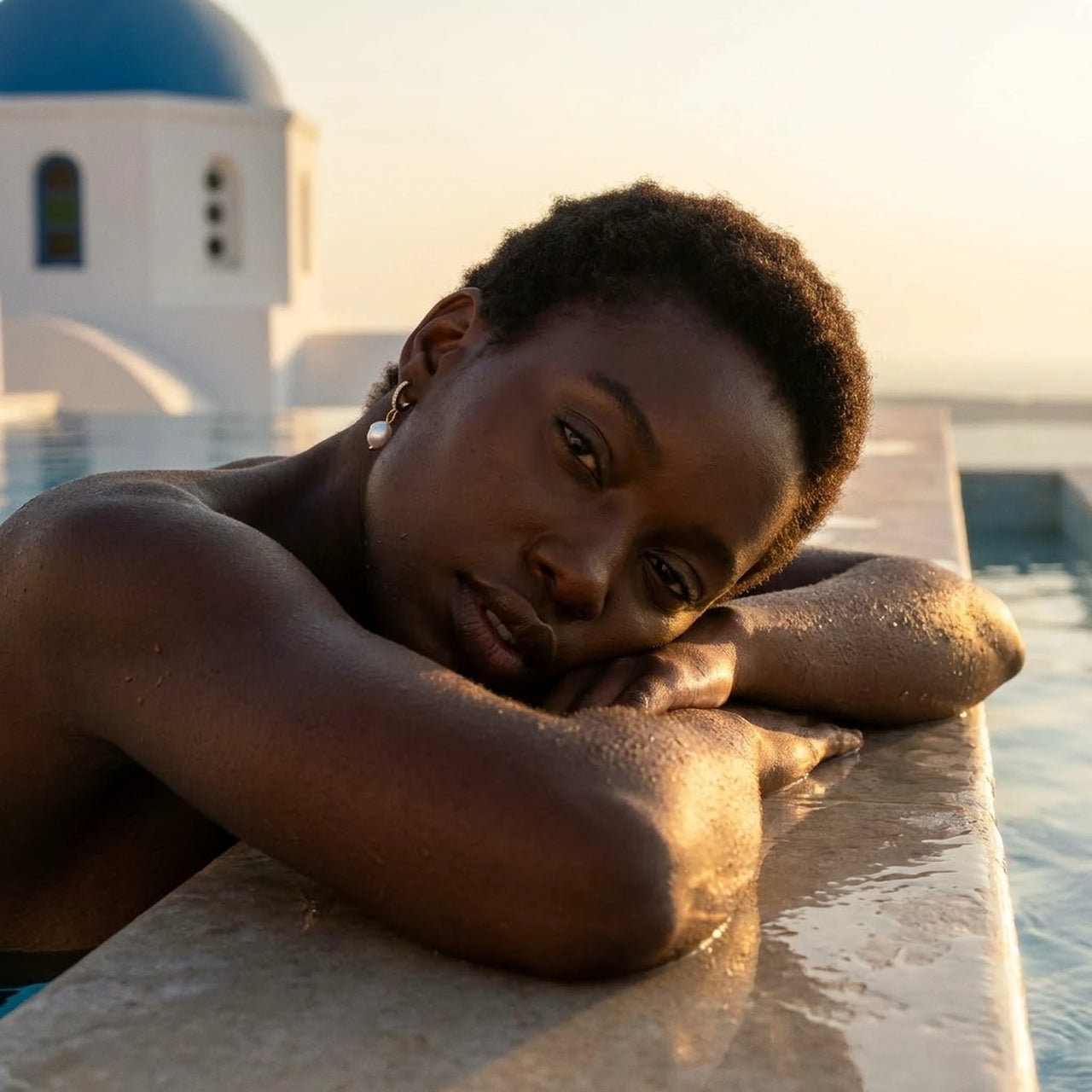 Pearl Drop Huggie Hoops in Gold, worn by a pool in Santorini | SKU: 41003-gold