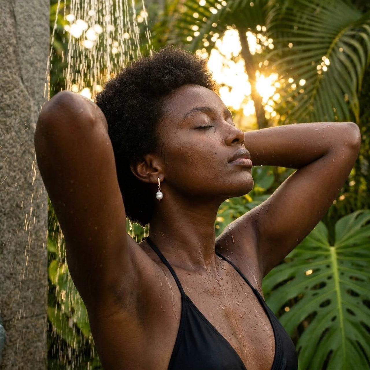 Pearl Drop Huggie Hoops in Gold, worn in a tropical outdoor shower | SKU: 41003-gold