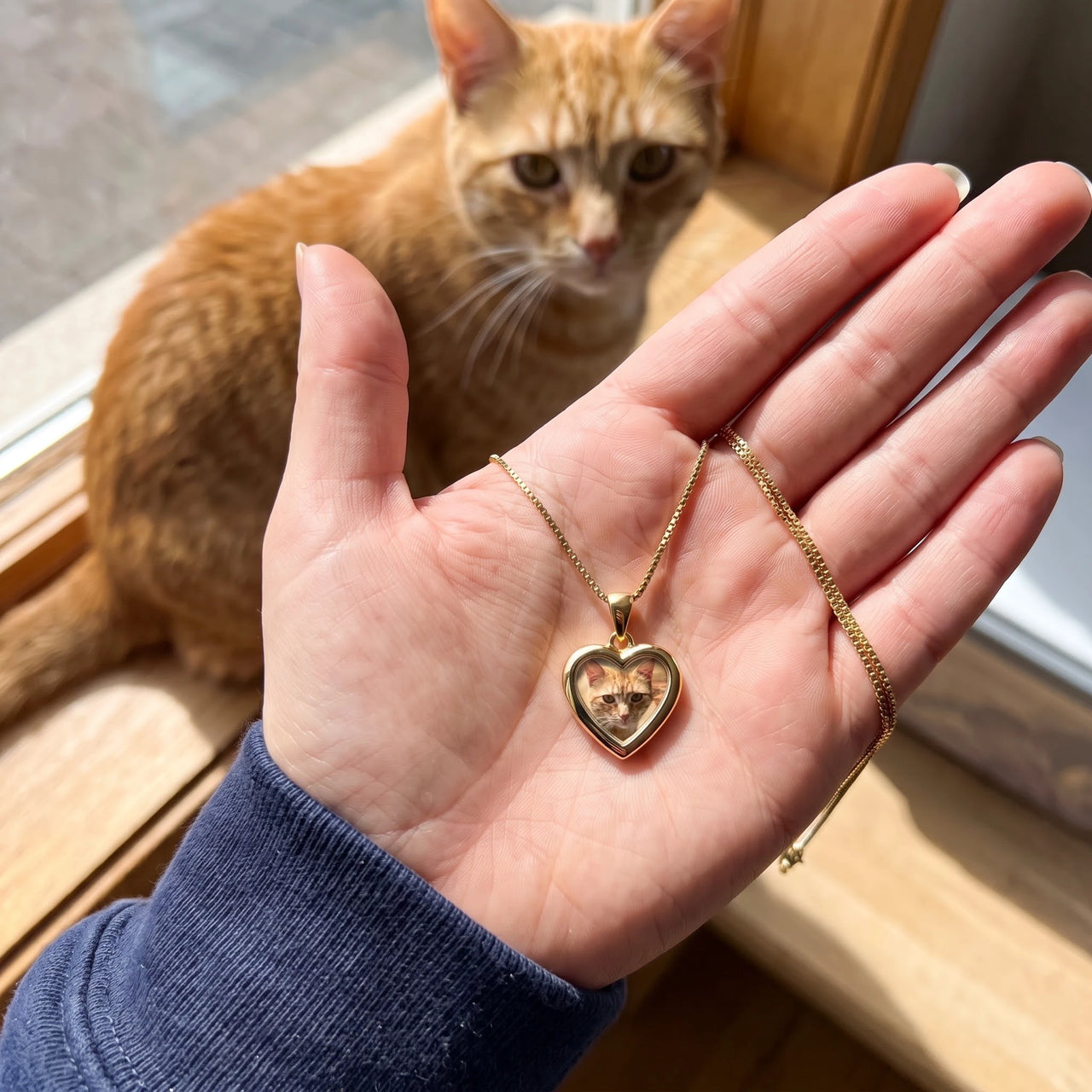 Customer photo: the gold heart photo necklace with her cat's photo, her cat in the background | SKU: TPH-CHTN-GOLD-SMALL