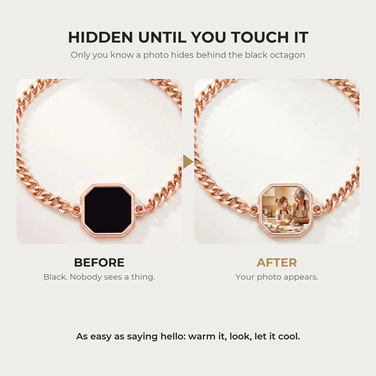 Before and after: black octagon charm on the rose gold bracelet, then the photo revealed by warmth | SKU: TPH-OCTB-ROSEGOLD-18