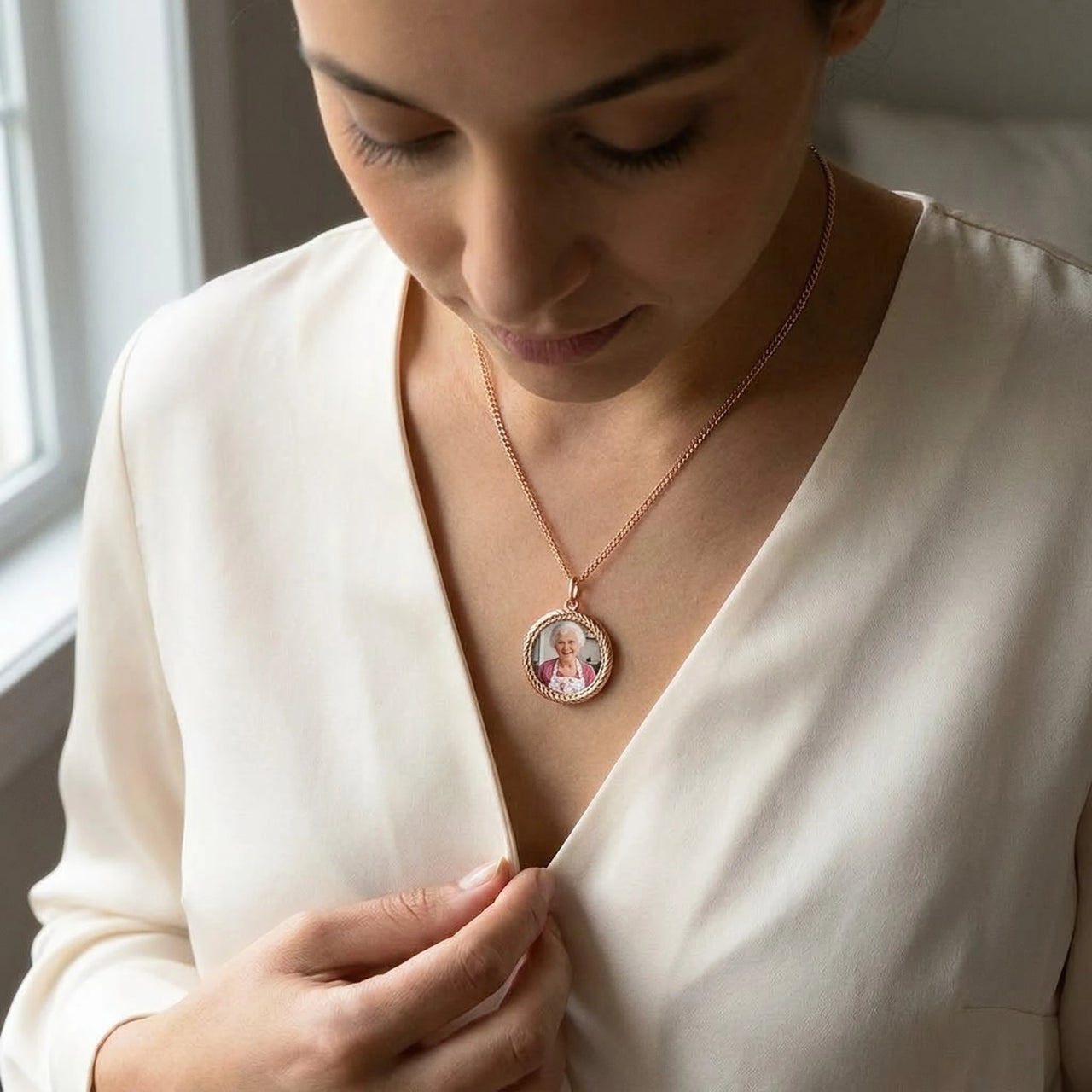Woman wearing the rose gold round photo necklace with her grandmother's photo | SKU: TPH-RNDN-ROSEGOLD