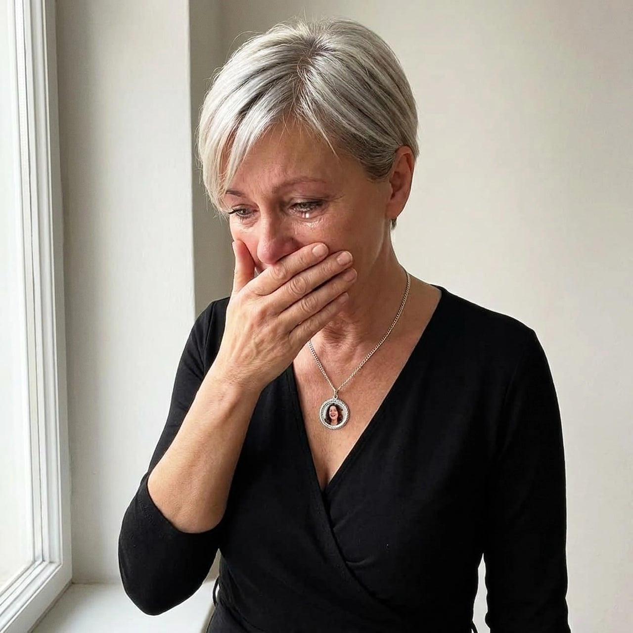Woman moved as she wears her sister's photo in the silver round necklace | SKU: TPH-RNDN-SILVER