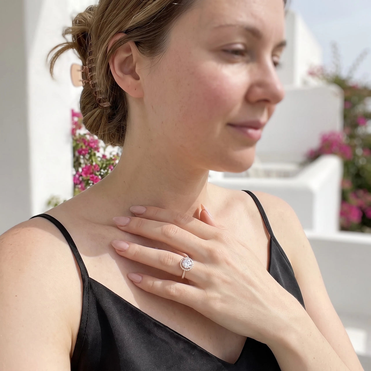 Waterproof ring — worn, everyday gesture, rose gold | SKU: 101791-4.5-rose-gold