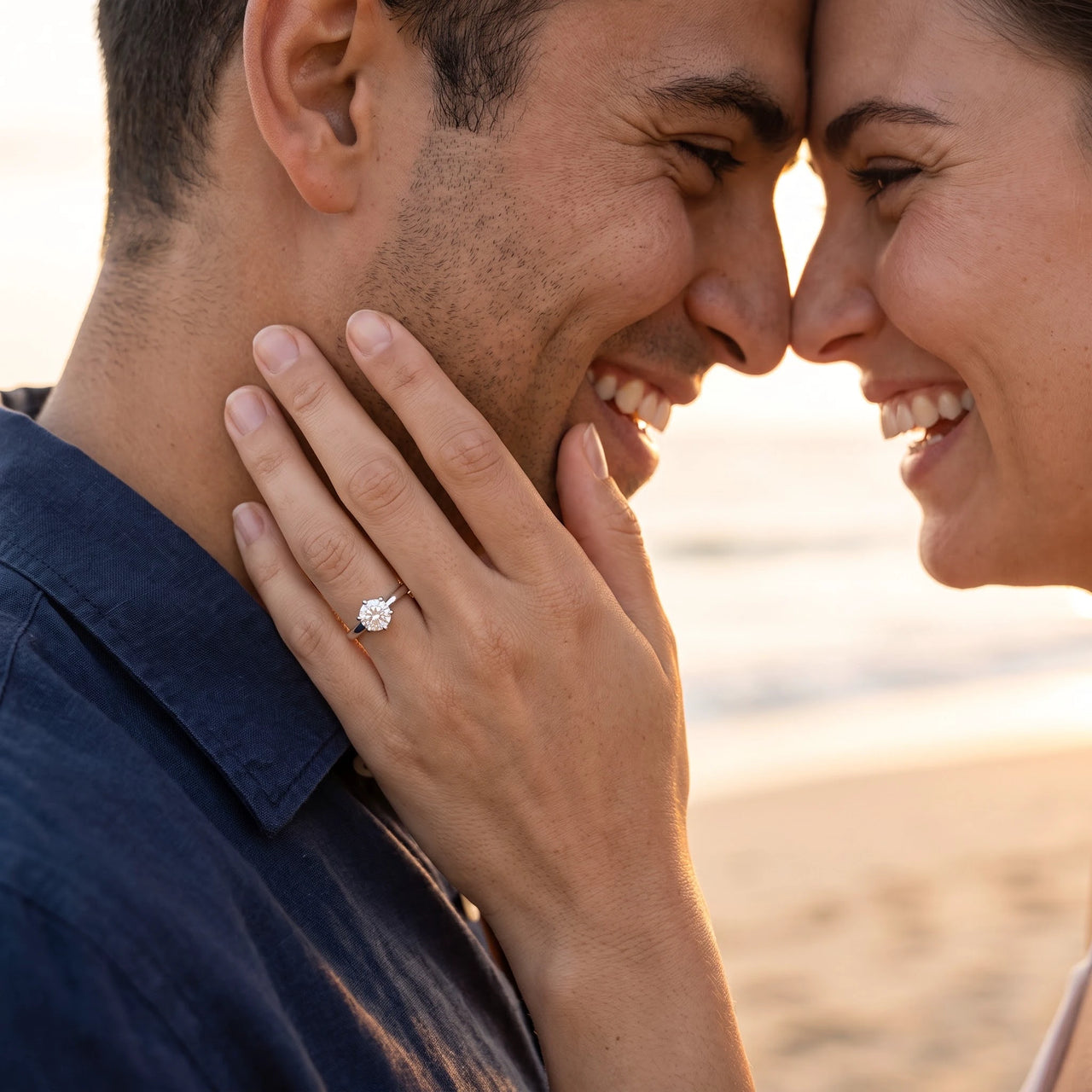 A couple sharing a romantic moment, she wears the silver ring | SKU: 33759698-4.5-silver