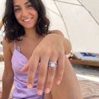 Thumbnail for Woman relaxing on holiday wearing the silver ring | SKU: 497080-4.5-silver