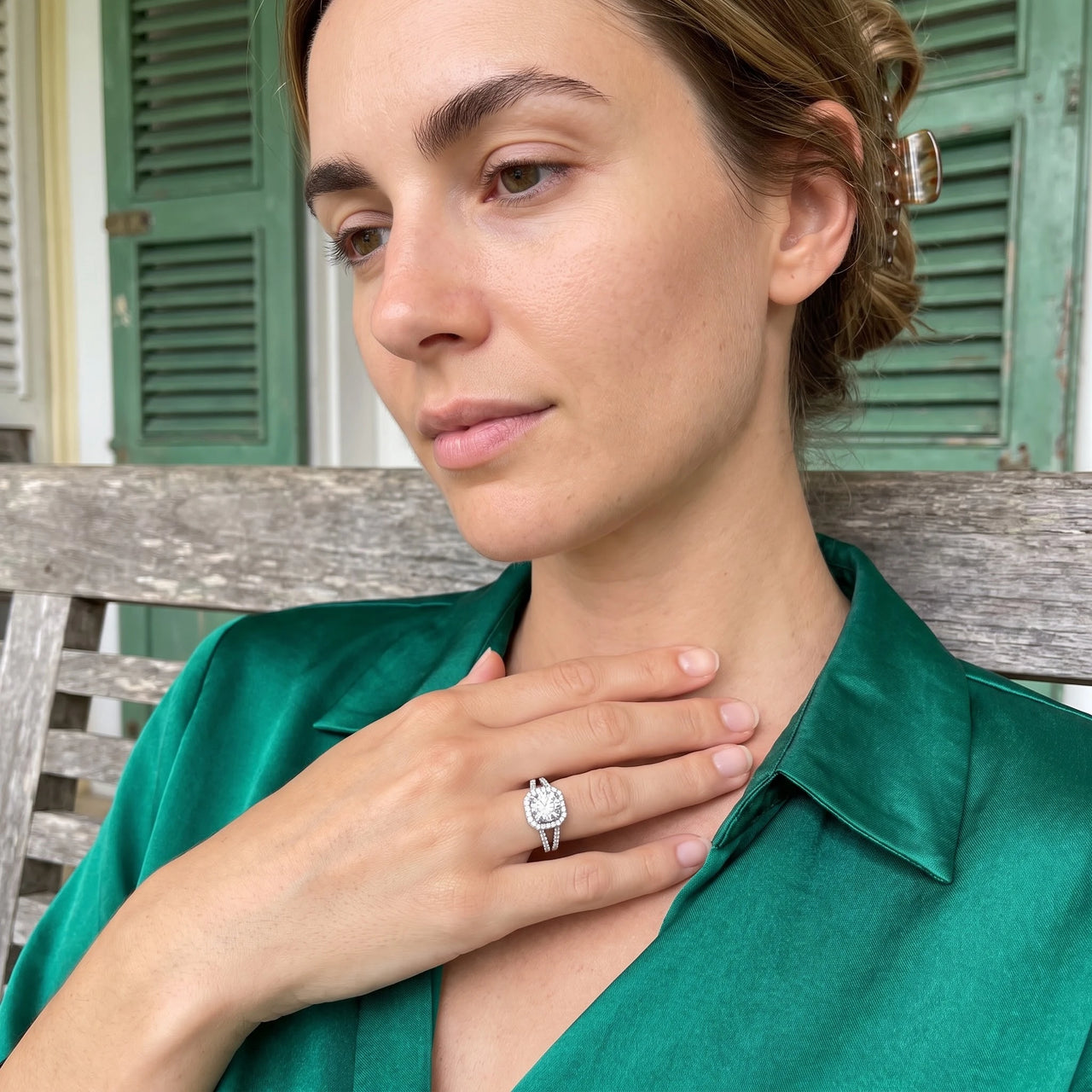 Woman gently touching her Silver Square Ring | SKU: 346060-4.5-silver