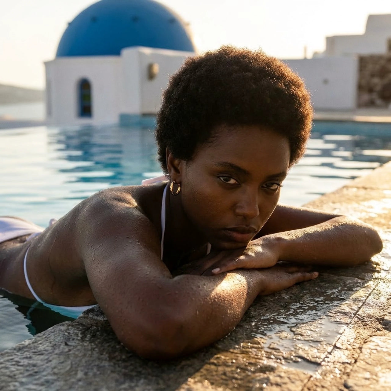 Twisted Rope Huggie Hoops in Gold, worn by a pool in Santorini | SKU: 41012-gold