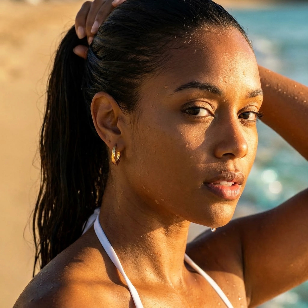 Twisted Rope Huggie Hoops in Gold, worn in the sea, wet skin | SKU: 41012-gold