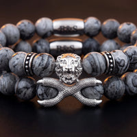 Thumbnail for White Gold Lion & Grey Stones Set – macro detail of the lion head | Brother & Sisters | SKU: 21039839SET-silver-XS-14-15, 21039839SET-silver-S-16-17, 21039839SET-silver-M-18-19, 21039839SET-silver-L-20-21, 21039839SET-silver-XL-22-23